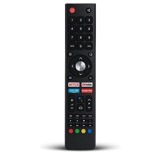 Detaillierte Vorderansicht der CHIQ Ersatz Fernbedienung GCBLTV02ADBBT mit Netflix und YouTube Tasten.