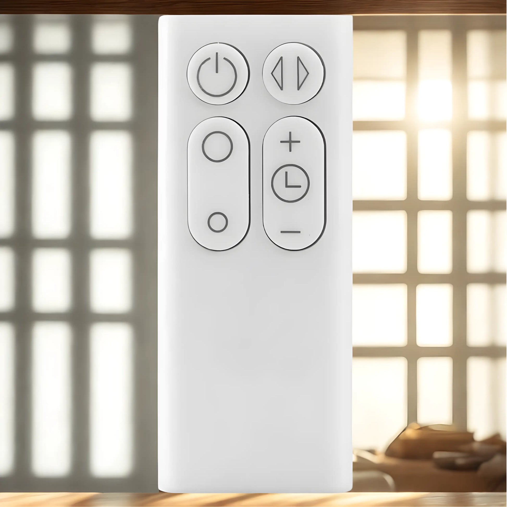 Dyson Ersatzfernbedienung AM06 AM07 AM08 AM11 in elegantem Weiß – kompatibel mit Cool und Pure Cool Ventilatoren, stilvoll präsentiert vor Fensterhintergrund