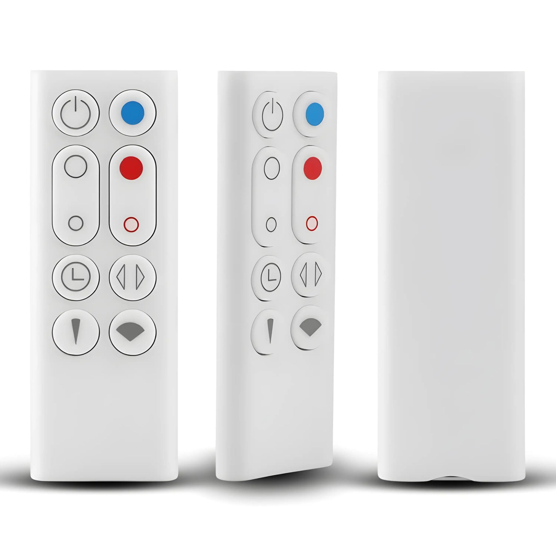 360 Grad Ansicht der weissen Dyson AM09 AM10 Ersatz Fernbedienung. Zeigt Vorderseite, Seitenprofil und Rückseite.
