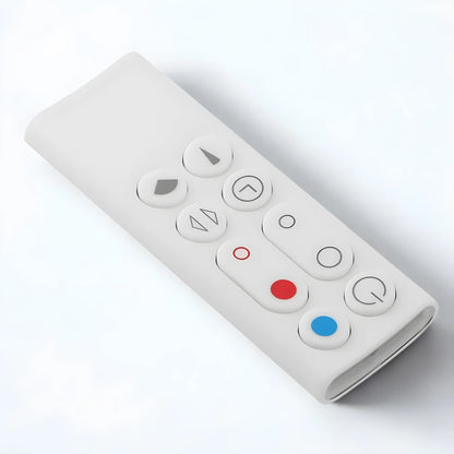 Nahaufnahme der Dyson AM09 AM10 Ersatz Fernbedienung. Zeigt Ein/Aus und Temperatur Tasten.