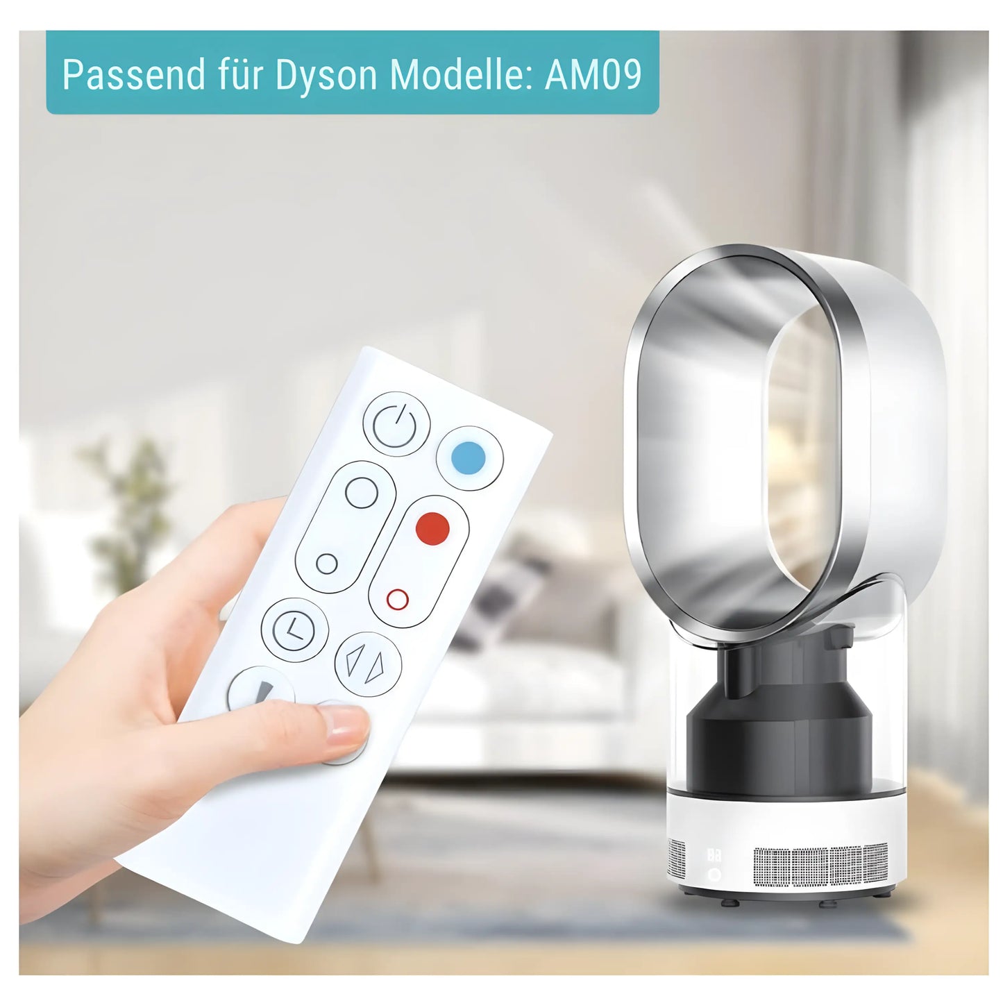 Ersatz Fernbedienung passend für Dyson Hot+Cool Heizlüfter Modelle AM09 und AM10. Im Wohnzimmer-Kontext.