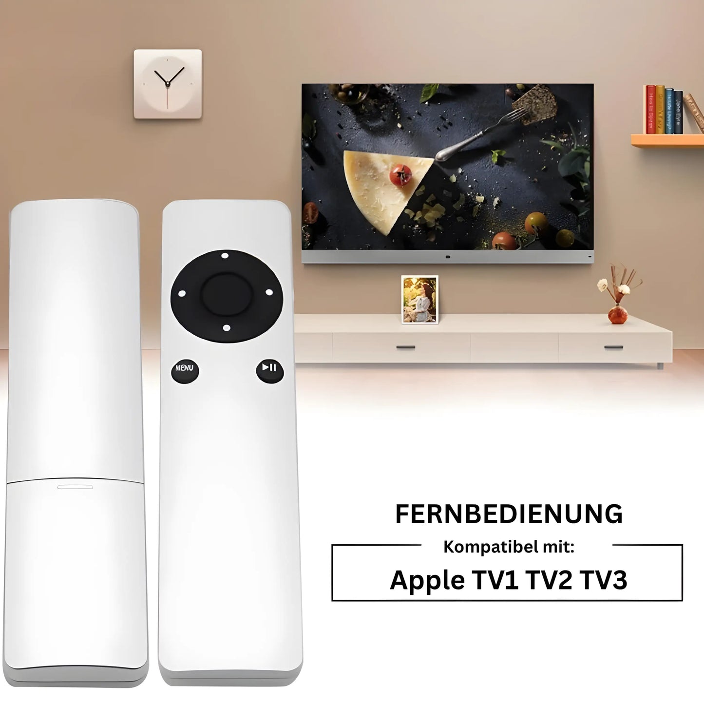 Ersatz Fernbedienung für Apple TV1, TV2, TV3 – Aluminium Remote im modernen Wohnzimmer, kompatibel mit A1294, A1469, A1427, A1378