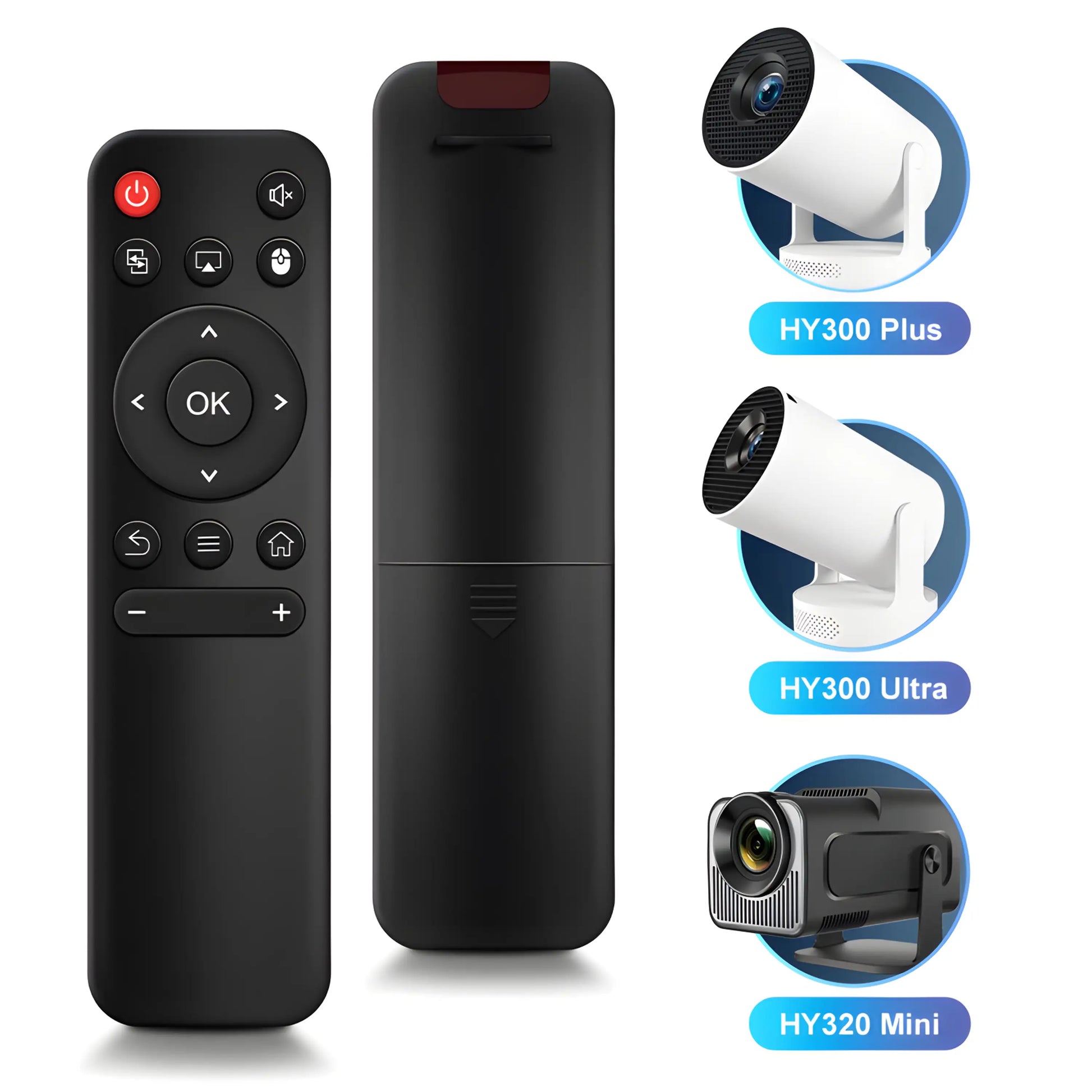 Ersatz Fernbedienung für HY300 Plus, HY300 Ultra und HY320 Mini Projektor Modelle. Detailansicht der Fernsteuerung und der kompatiblen Geräte. Perfekte Passform.