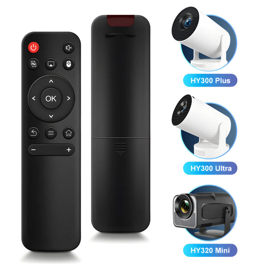 Ersatz Fernbedienung für HY300 Plus, HY300 Ultra und HY320 Mini Projektor Modelle. Detailansicht der Fernsteuerung und der kompatiblen Geräte. Perfekte Passform.