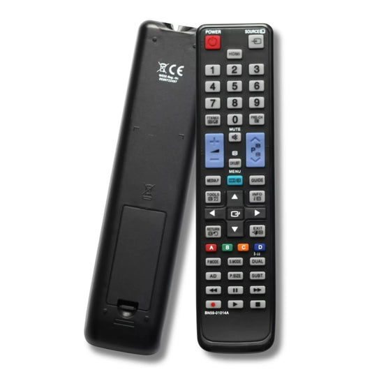 Vorder- und Rückseite der Ersatzfernbedienung für Samsung BN59-01014A, die das Design und Tastenlayout zeigt.