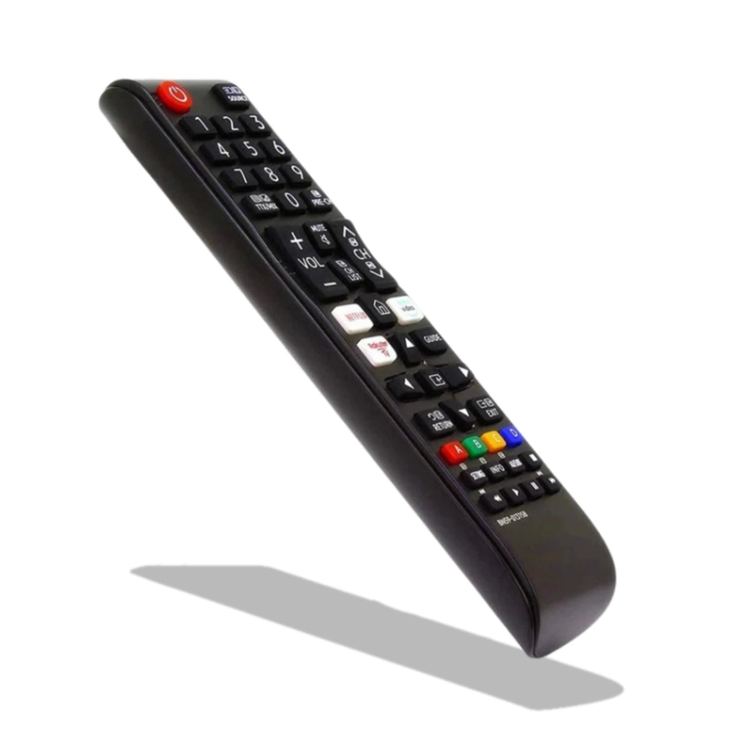 Schräge Ansicht der TV-Fernbedienung für Samsung, die die farbigen Tasten und die dedizierten Streaming-Tasten zeigt.