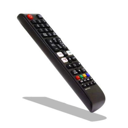 Schräge Ansicht der TV-Fernbedienung für Samsung, die die farbigen Tasten und die dedizierten Streaming-Tasten zeigt.