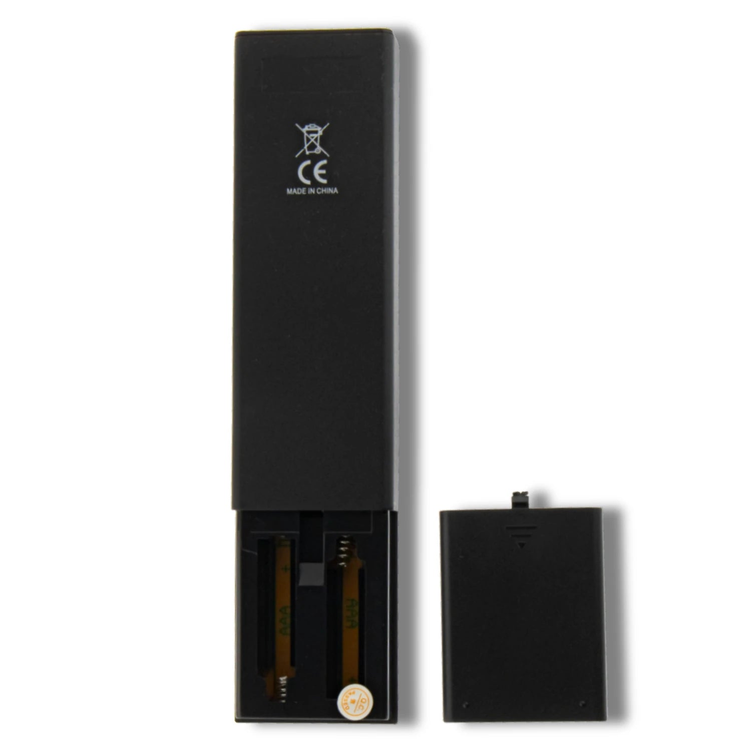 Rückseite der UCT-055 Fernbedienung für Sony TVs, mit offenem Batteriefach für zwei AAA-Batterien.