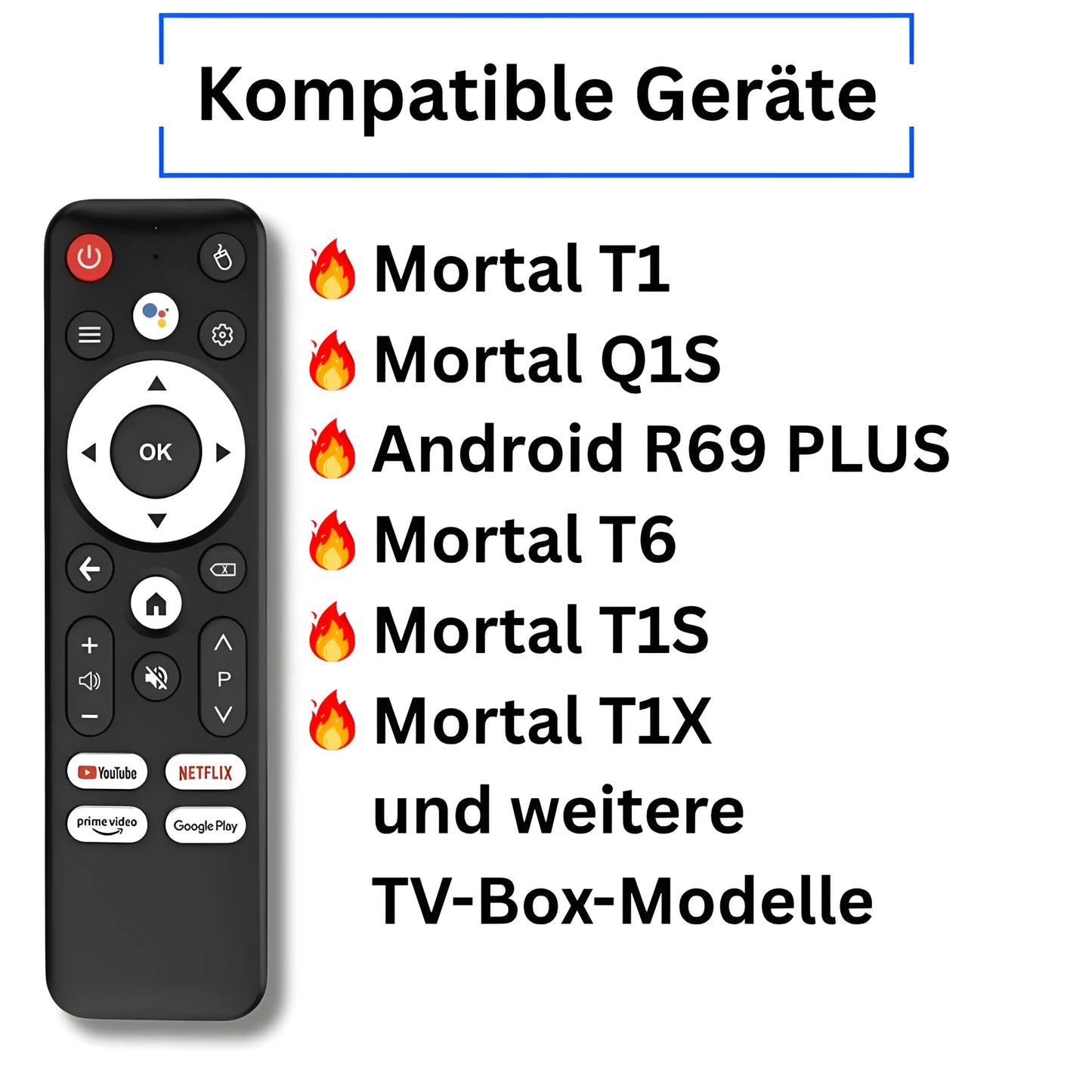 Liste der kompatiblen Geräte: Ersatzfernbedienung passend für Mortal T1 Q1S T6 T1S T1X und Android R69 PLUS TV Box Modelle.