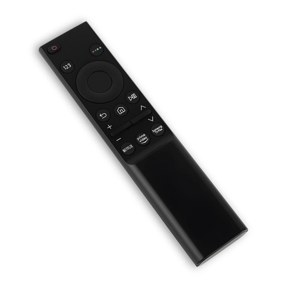 Schräge Ansicht von links auf die minimalistische Ersatzfernbedienung BN59-01242C für SUHD-TVs.