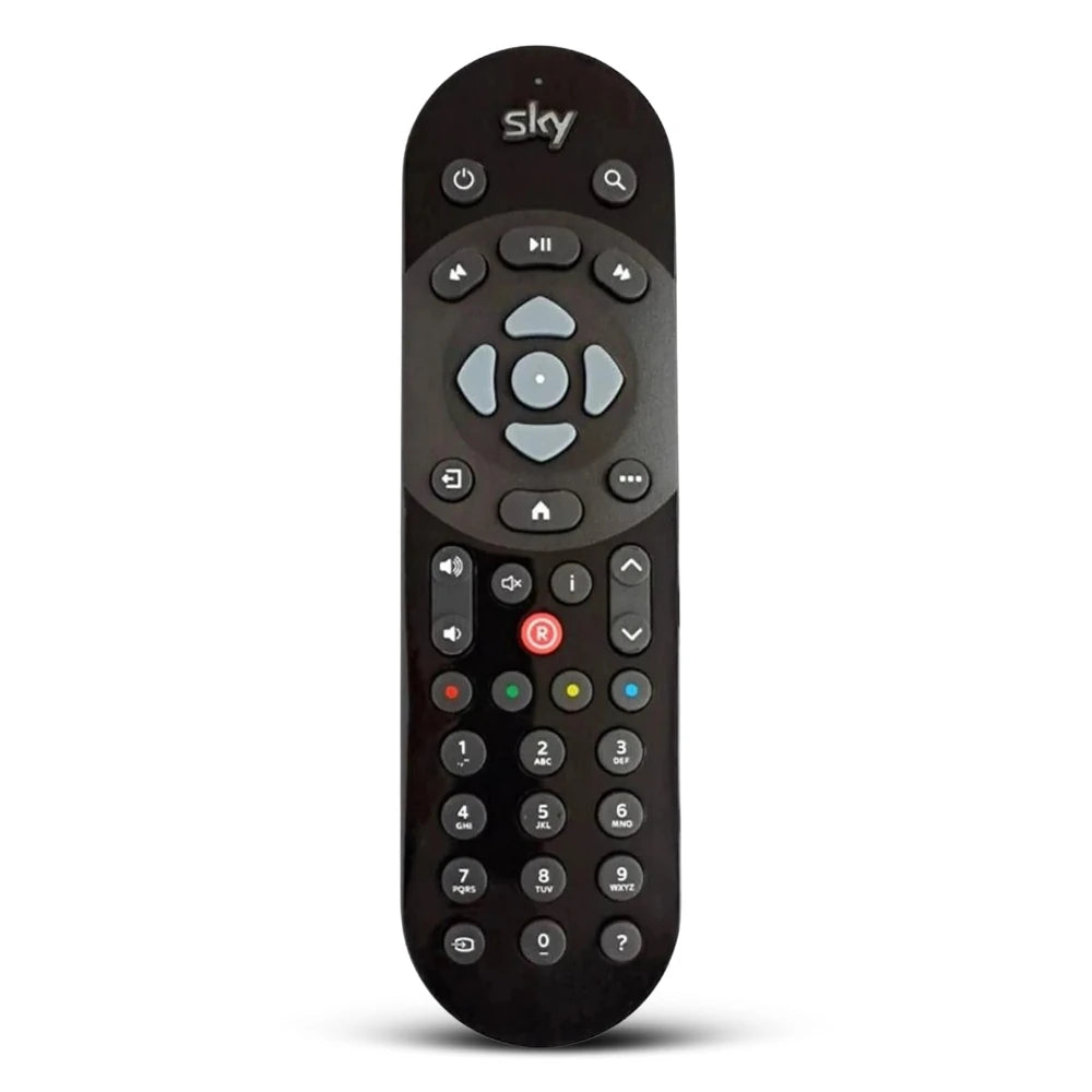 Vorderansicht der Ersatzfernbedienung für Sky Q mit allen Tasten.
