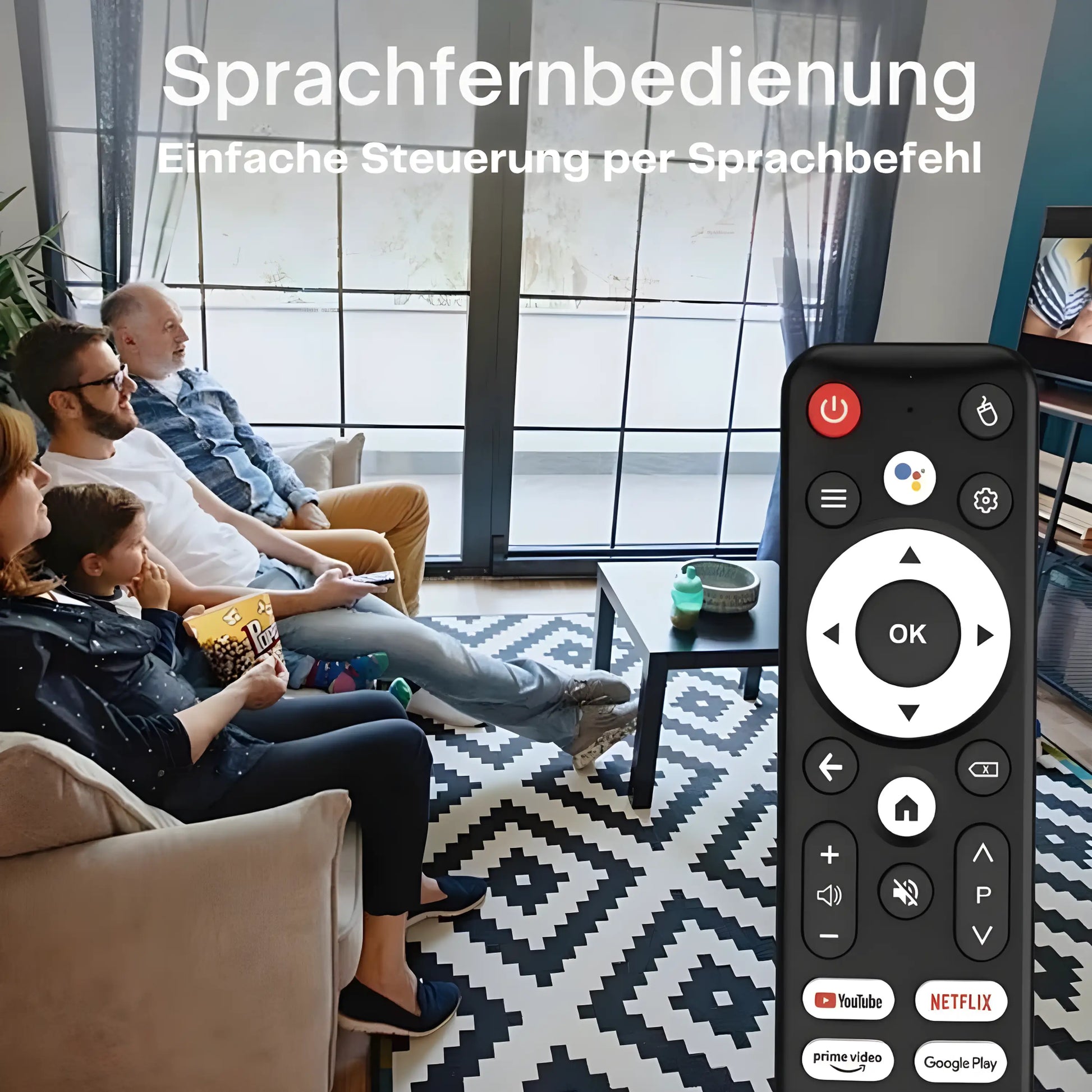 Familie nutzt Sprachfernbedienung Mortal T1 Q1S T6 T1S T1X R69 Android TV Box im Wohnzimmer