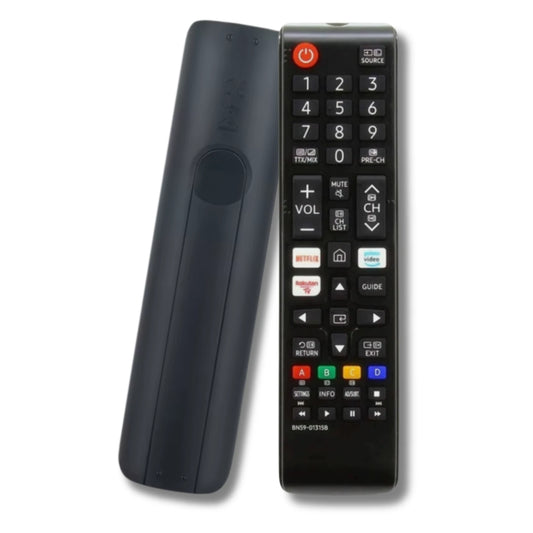 Ersatzfernbedienung für Samsung BN59-01315B mit Vorder- und Rückansicht, die Netflix- und Prime Video-Tasten hervorhebend.