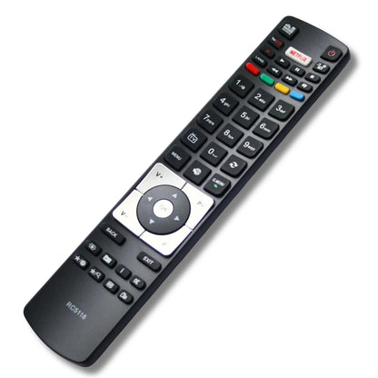 Schräge Ansicht der passgenauen Ersatzfernbedienung für Telefunken Fernseher, Modell RC5118.