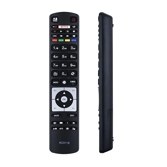 Schräge Ansicht der passgenauen Ersatzfernbedienung für Telefunken Fernseher, Modell RC5118.