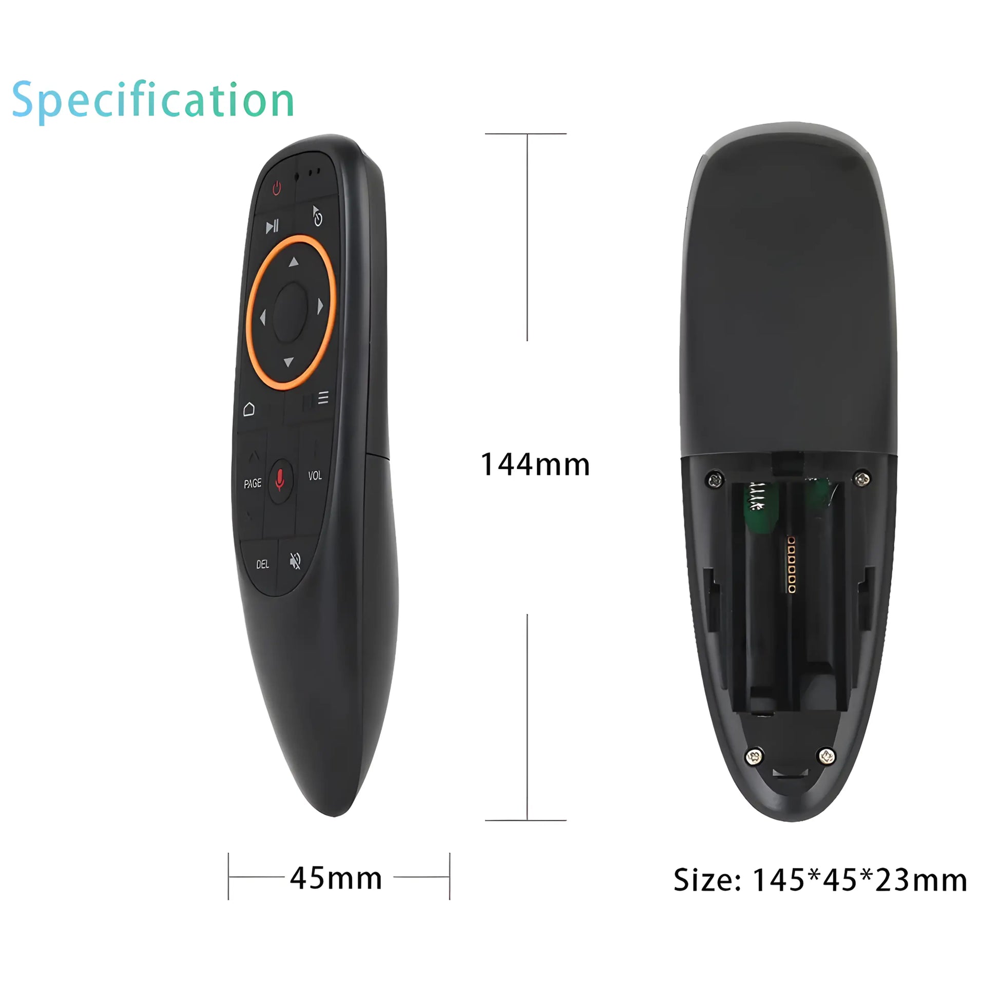 G10S Air Mouse Wireless Fernbedienung mit Größenangaben – 145×45×23 mm, Batteriefach offen, ergonomisches Design für Android TV Box und Smart TV