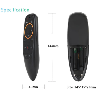 G10S Air Mouse Wireless Fernbedienung mit Größenangaben – 145×45×23 mm, Batteriefach offen, ergonomisches Design für Android TV Box und Smart TV
