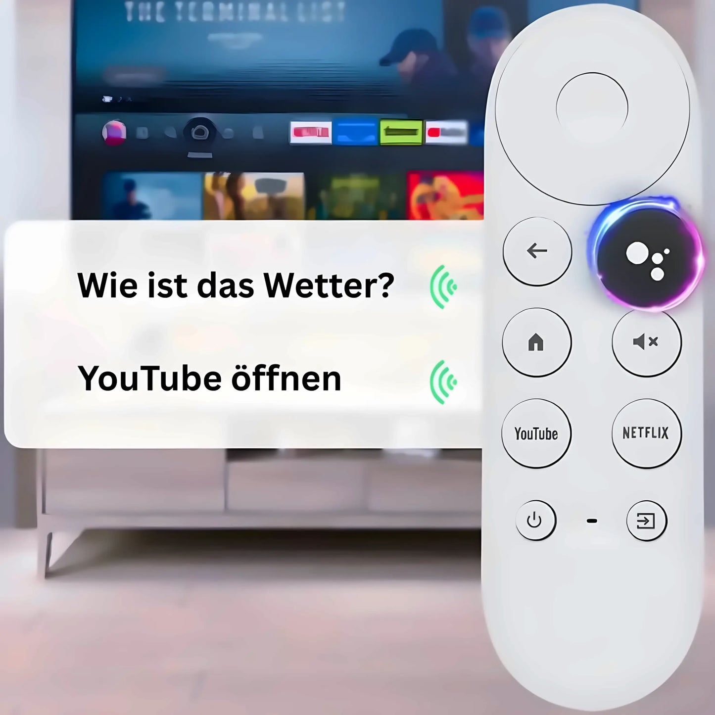 G9N9N Ersatzfernbedienung mit Google Assistant Sprachsteuerung – Beispielbefehle wie „Wie ist das Wetter?“ und „YouTube öffnen“ für Chromecast 4K HD Smart-TV