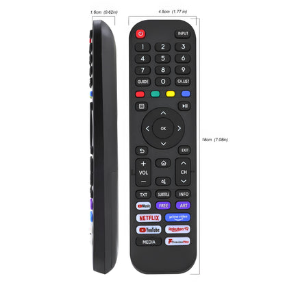 Universal Ersatz Fernbedienung Detailaufnahme der App-Tasten (Netflix, Prime Video, YouTube) für Hisense TV Modelle. Wichtige Streaming-Funktionen. Kompatibel mit allen Smart TV Serien.
