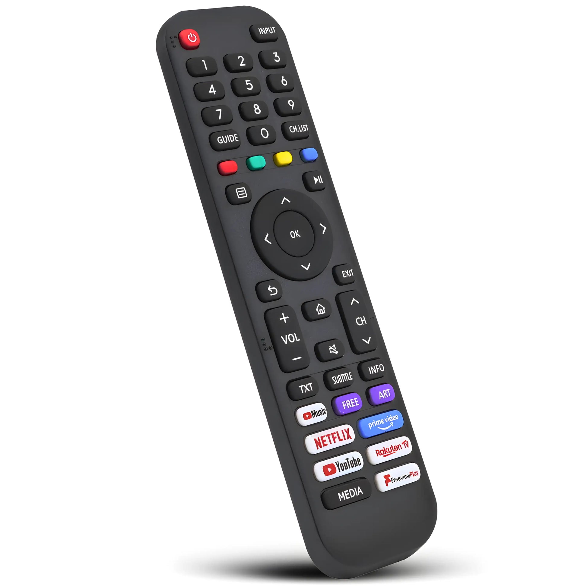 Universal Ersatz Fernbedienung für alle Hisense TV Modelle. Schrägansicht der Fernsteuerung mit allen App-Tasten. Hochwertiger Ersatz.