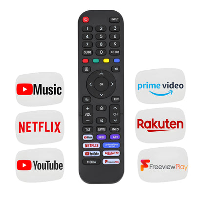 Universal Ersatz Fernbedienung für Hisense TV. Zeigt die App-Shortcuts (Netflix, YouTube, Prime Video) für alle Hisense Smart TV Modelle. Sofort einsatzbereit.