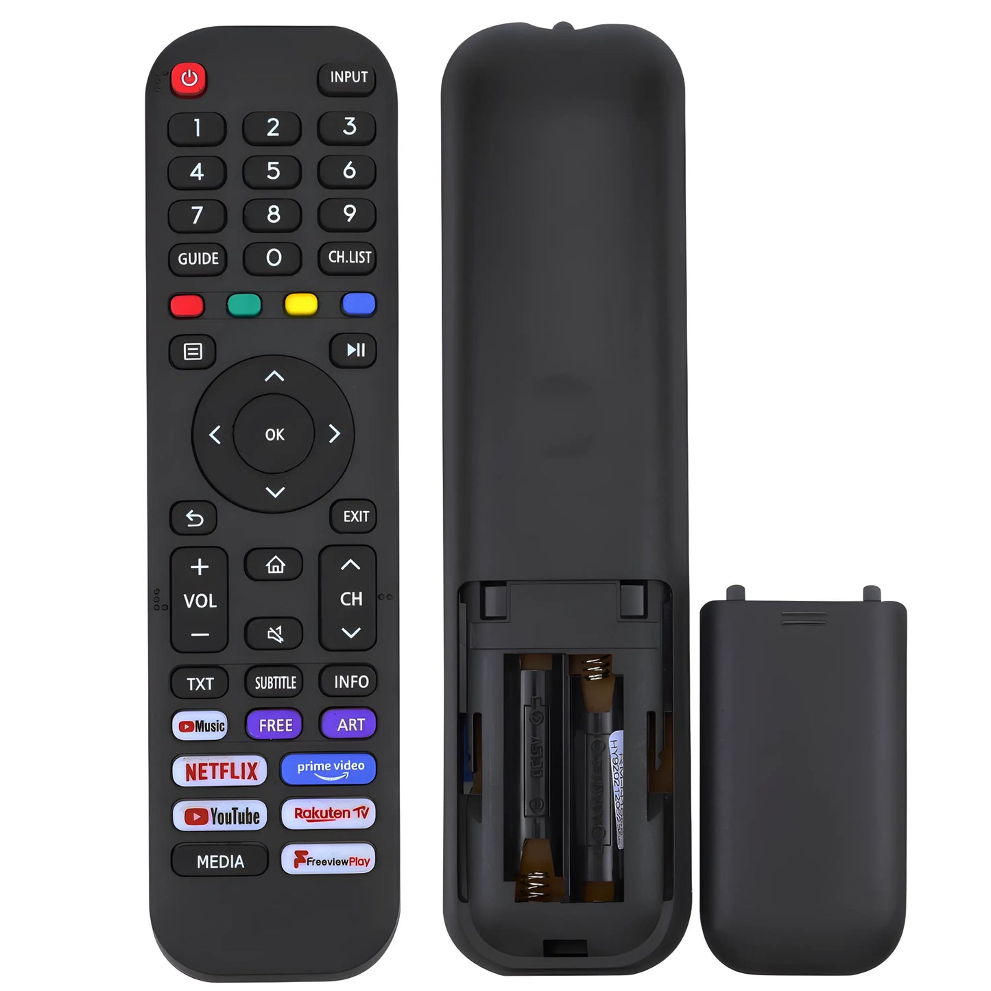 Universal Ersatz Fernbedienung für Hisense TV Modelle. Ansicht von vorne und hinten, inklusive geöffnetem Batteriefach. Direkt funktionsfähig für alle Serien.