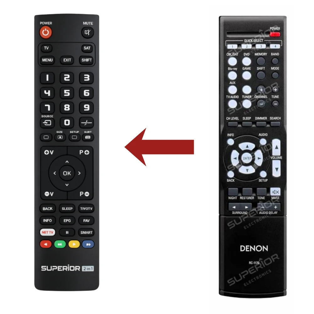 Vergleich: Originale Denon RC-1170 Fernbedienung und das Ersatzmodell.