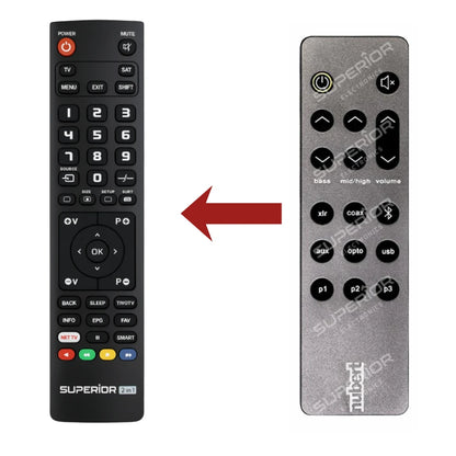 Direkter Vergleich der kompatiblen Ersatzfernbedienung (links) und der Originalsteuerung (rechts) für den Nubert X-3000 Controller.
