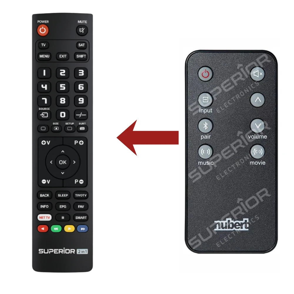 Direkter Vergleich der kompatiblen Ersatzfernbedienung (links) und der Originalsteuerung (rechts) für den Nubert AS-225 Controller.