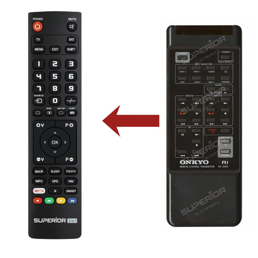 Direkter Vergleich der kompatiblen Ersatzfernbedienung (links) und der Originalsteuerung (rechts) für den Onkyo RC-206S Verstärker-Controller.