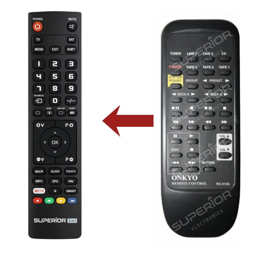 Direkter Vergleich der kompatiblen Ersatzfernbedienung (links) und der Originalsteuerung (rechts) für den Onkyo RC-314S Verstärker-Controller.