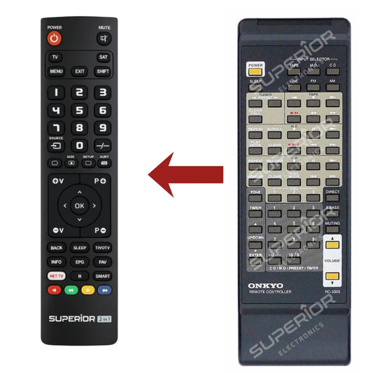 Direkter Vergleich der kompatiblen Ersatzfernbedienung (links) und der Originalsteuerung (rechts) für den Onkyo RC-332S Kompaktanlagen-Controller.