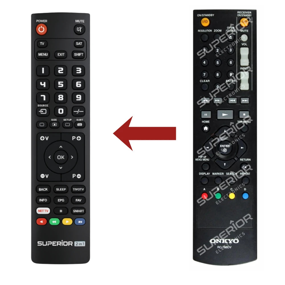 Direkter Vergleich der kompatiblen Ersatzfernbedienung (links) und der Originalsteuerung (rechts) für den Onkyo RC-788DV Media-Controller.