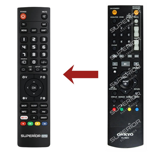 Direkter Vergleich der kompatiblen Ersatzfernbedienung (links) und der Originalsteuerung (rechts) für den Onkyo RC-788DV Media-Controller.