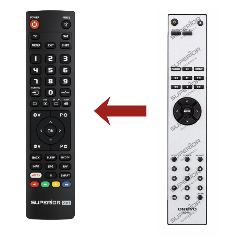 Direkter Vergleich der kompatiblen Ersatzfernbedienung (links) und der Originalsteuerung (rechts) für den Onkyo RC-822C CD-Controller.
