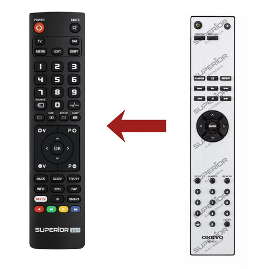 Direkter Vergleich der kompatiblen Ersatzfernbedienung (links) und der Originalsteuerung (rechts) für den Onkyo RC-822C CD-Controller.