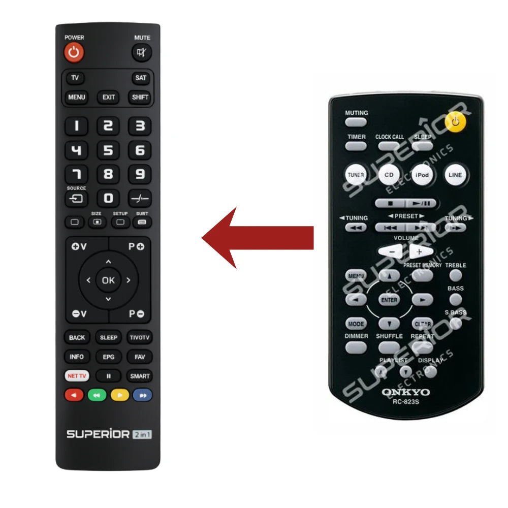 Direkter Vergleich der kompatiblen Ersatzfernbedienung (links) und der Originalsteuerung (rechts) für den Onkyo RC-823S Mini-System-Controller.