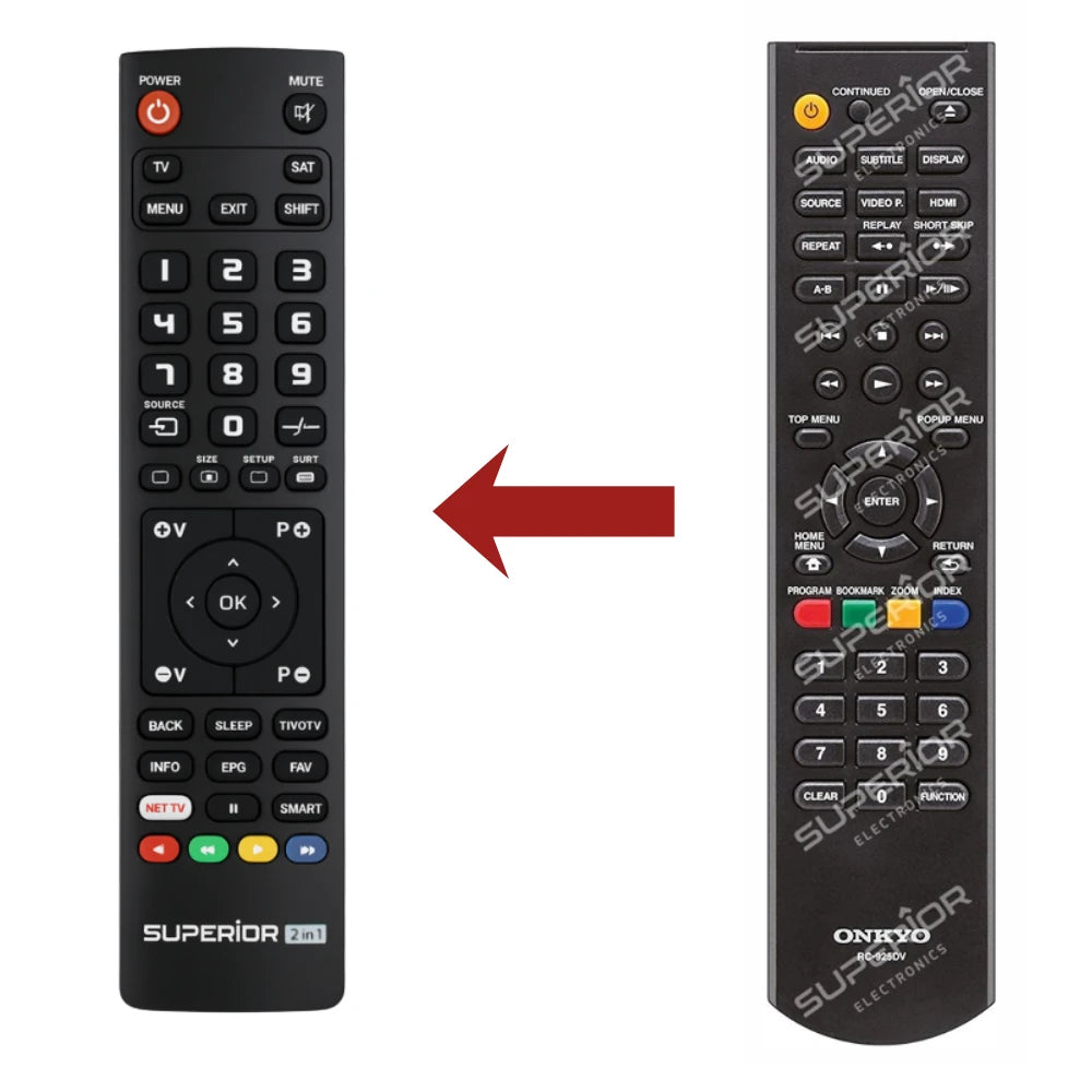 Direkter Vergleich der kompatiblen Ersatzfernbedienung (links) und der Originalsteuerung (rechts) für den Onkyo BD-SP353 Media-Controller.