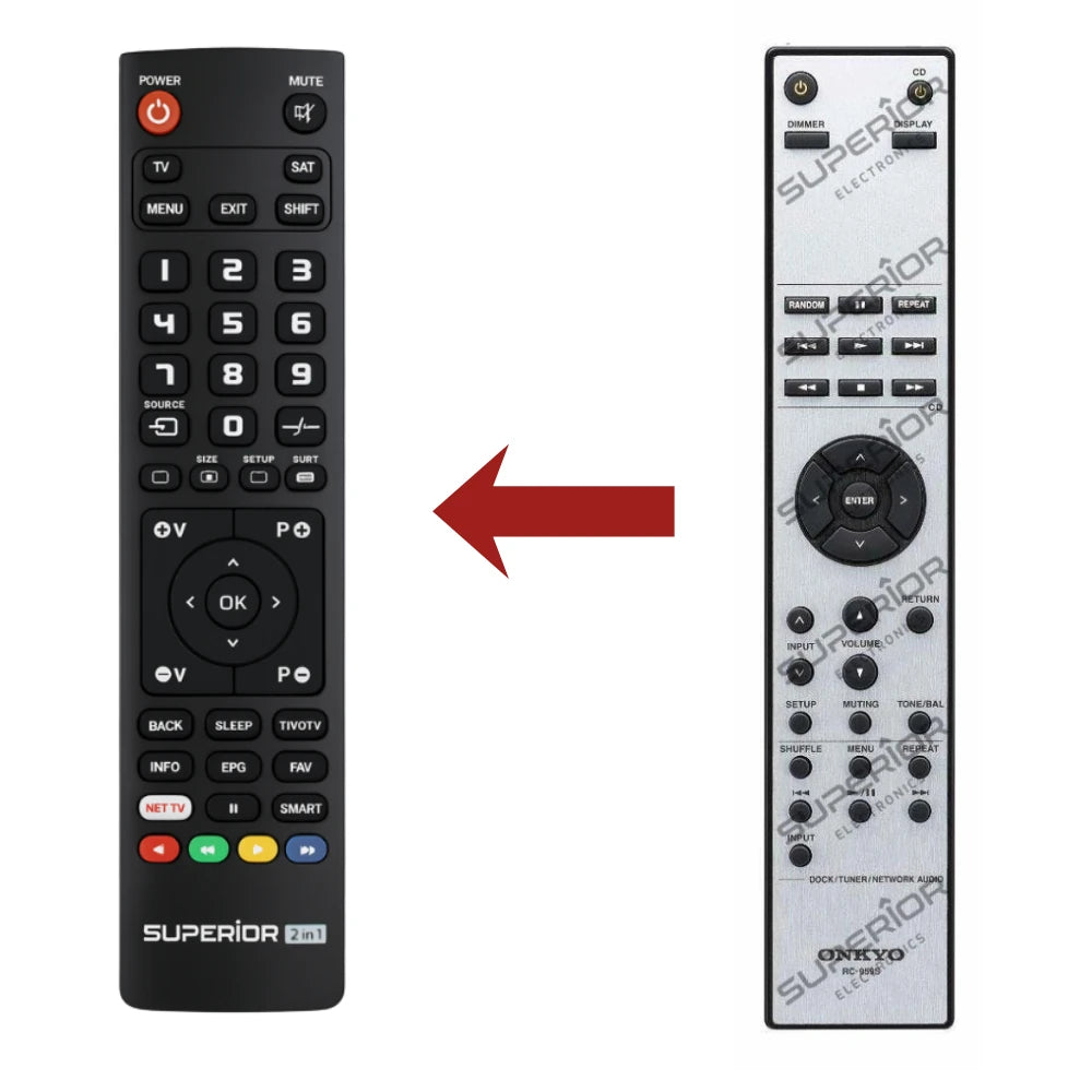 Direkter Vergleich der kompatiblen Ersatzfernbedienung (links) und der Originalsteuerung (rechts) für den Onkyo RC-959S Amplifier-Controller.