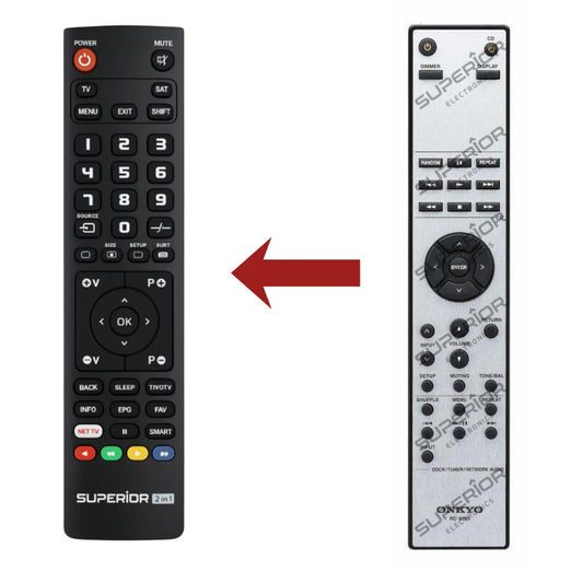 Direkter Vergleich der kompatiblen Ersatzfernbedienung (links) und der Originalsteuerung (rechts) für den Onkyo RC-959S Amplifier-Controller.