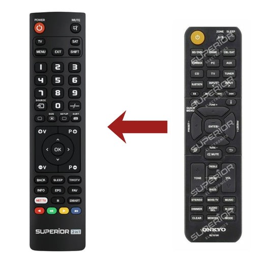 Direkter Vergleich der kompatiblen Ersatzfernbedienung (links) und der Originalsteuerung (rechts) für das Onkyo HT-S3910 Heimkinosystem.