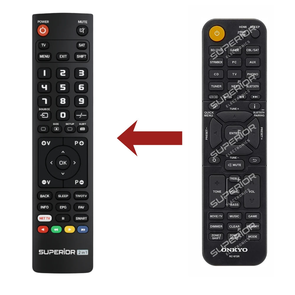 Direkter Vergleich der kompatiblen Ersatzfernbedienung (links) und der Originalsteuerung (rechts) für den Onkyo TX-RZ50 8K AV-Receiver.