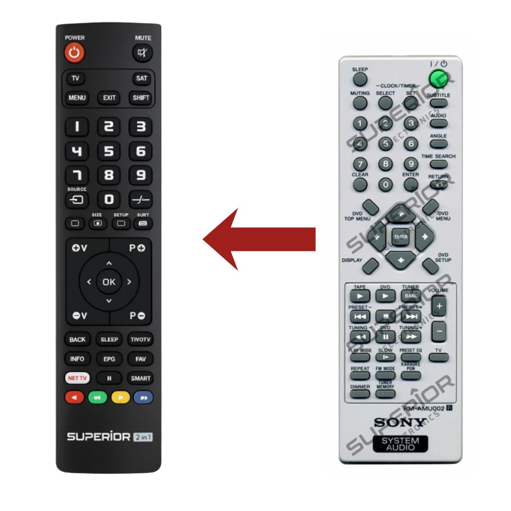 Vergleich: Ersatzmodell (links) ersetzt die originale SONY RM-AMU002 Fernbedienung (rechts)