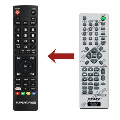 Vergleich: Ersatzmodell (links) ersetzt die originale SONY RM-AMU002 Fernbedienung (rechts)