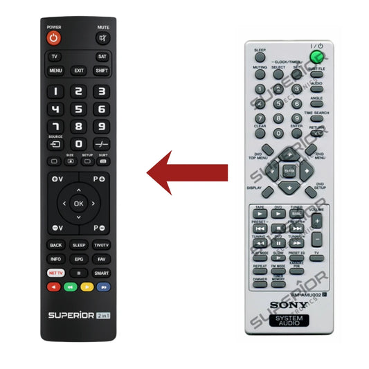 Vergleich: Ersatzmodell (links) ersetzt die originale SONY RM-AMU002 Fernbedienung (rechts)