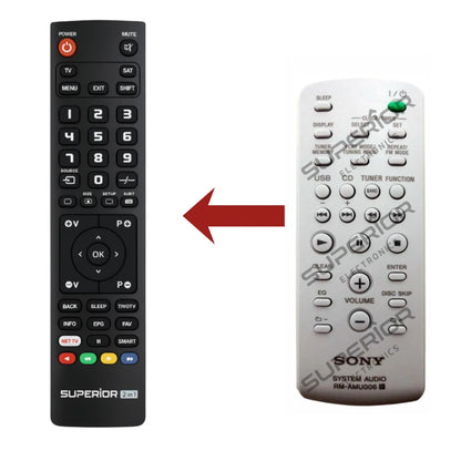 Vergleich: Ersatzmodell (links) ersetzt die originale SONY RM-AMU006 Fernbedienung (rechts)