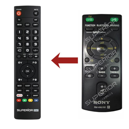 Direkter Vergleich der kompatiblen Ersatzfernbedienung (links) und der Originalsteuerung (rechts) für den Sony RM-ANU191 Controller.