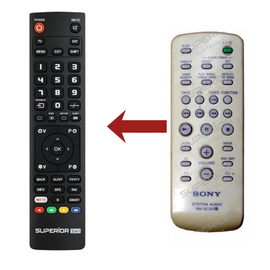 Direkter Vergleich der kompatiblen Ersatzfernbedienung (links) und der Originalsteuerung (rechts) für den Sony RM-SC50 System-Controller.