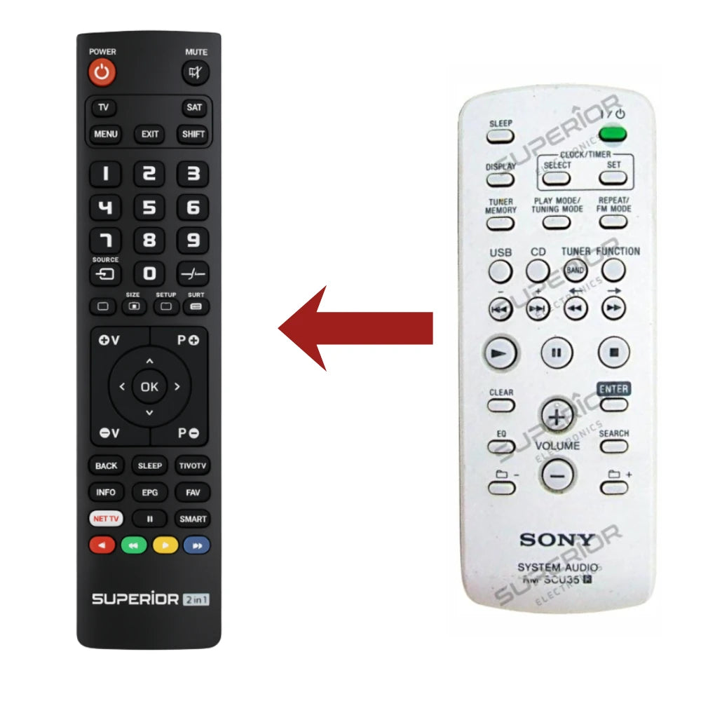 Direkter Vergleich der kompatiblen Ersatzfernbedienung (links) und der Originalsteuerung (rechts) für den Sony RM-SCU35 System-Controller.