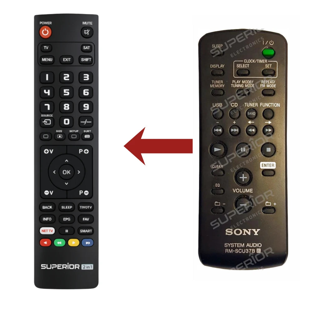 Direkter Vergleich der kompatiblen Ersatzfernbedienung (links) und der Originalsteuerung (rechts) für den Sony RM-SCU37 System-Controller.
